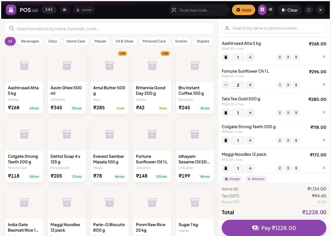 POS screen with a product grid by category and a cart of five items totalling ₹1,228